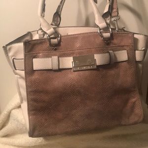 Taupe and cream snake skin and leather bag